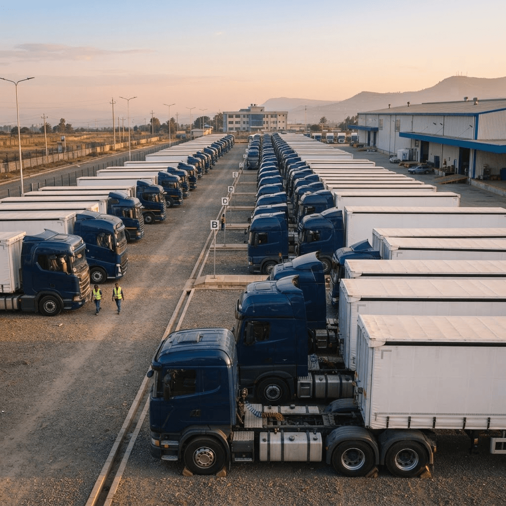 Articulated trailer fleet staged in an operations yard
